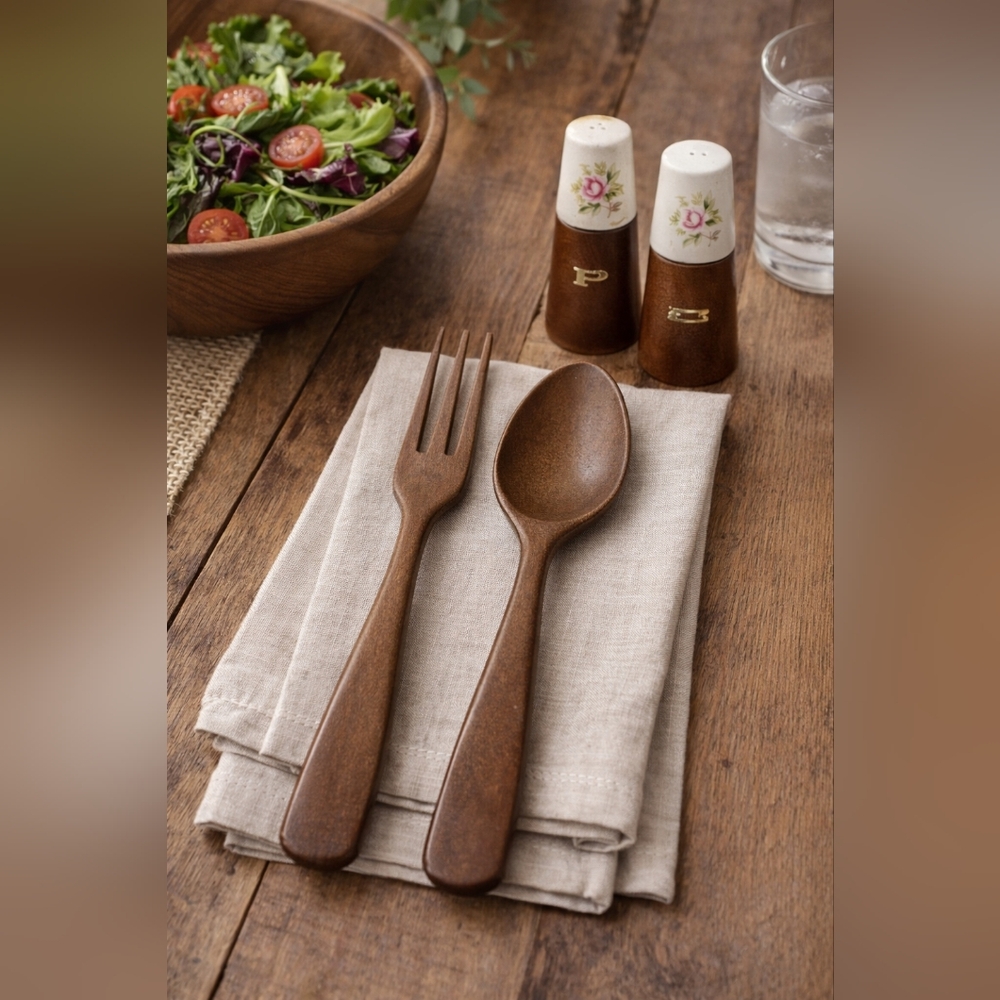 Vintage Mid Century Wood Salad Serving Set w/ Salt & Pepper Shakers Floral Ceram